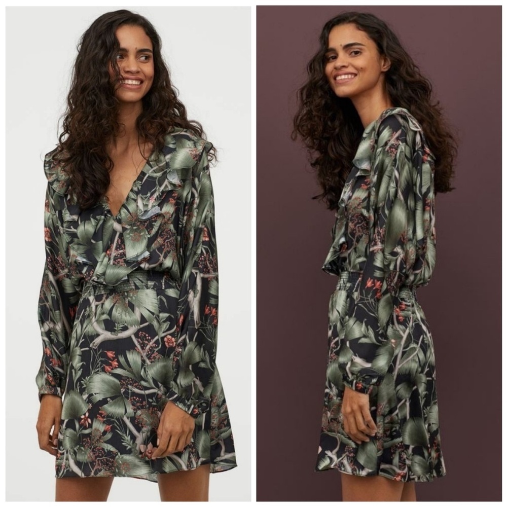 Johanne Ortiz x H&M ruffle long sleeve foliage print dress size medium